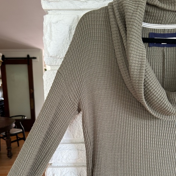 Anthropologie | Pure+Good Cowlneck Waffle Knit Olive Green Tunic Sweater - Picture 7 of 12